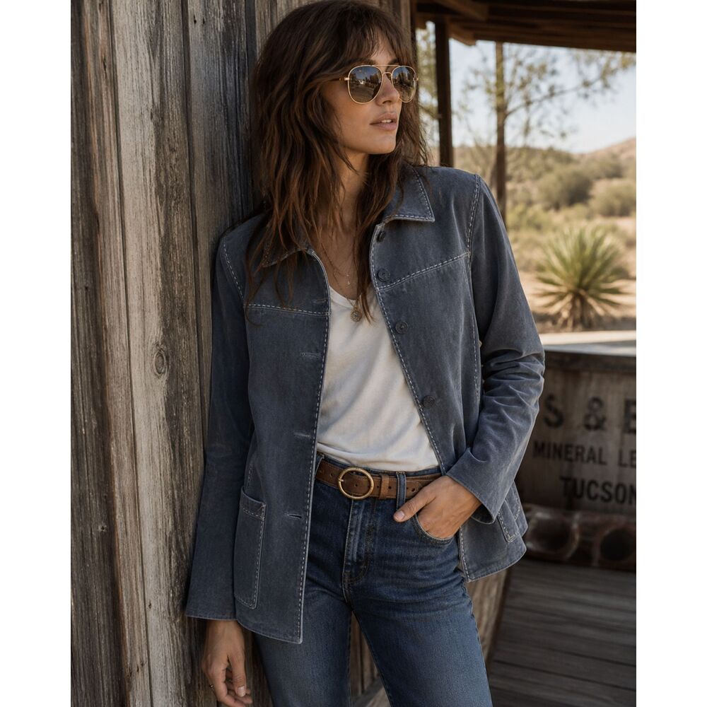 Denim & Co Leather light Jacket Distressed Stitch Detail Button Front Size S